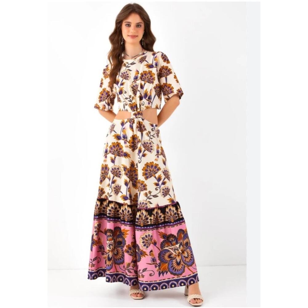 Farm Rio Jasmin Mixed Print Midi Dress Boho Tropical Size M/L